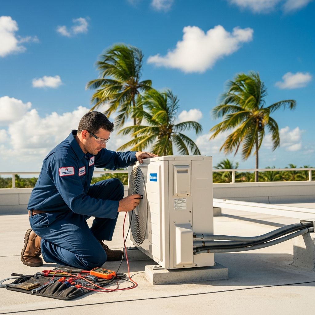 Boricua AC technician servicing an outdoor air conditioning unit