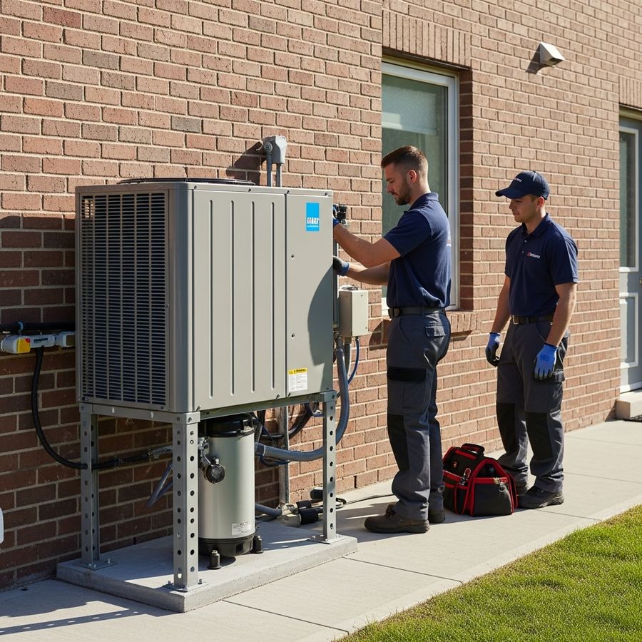 Two technicians installing an outdoor air conditioning condenser beside a brick wall