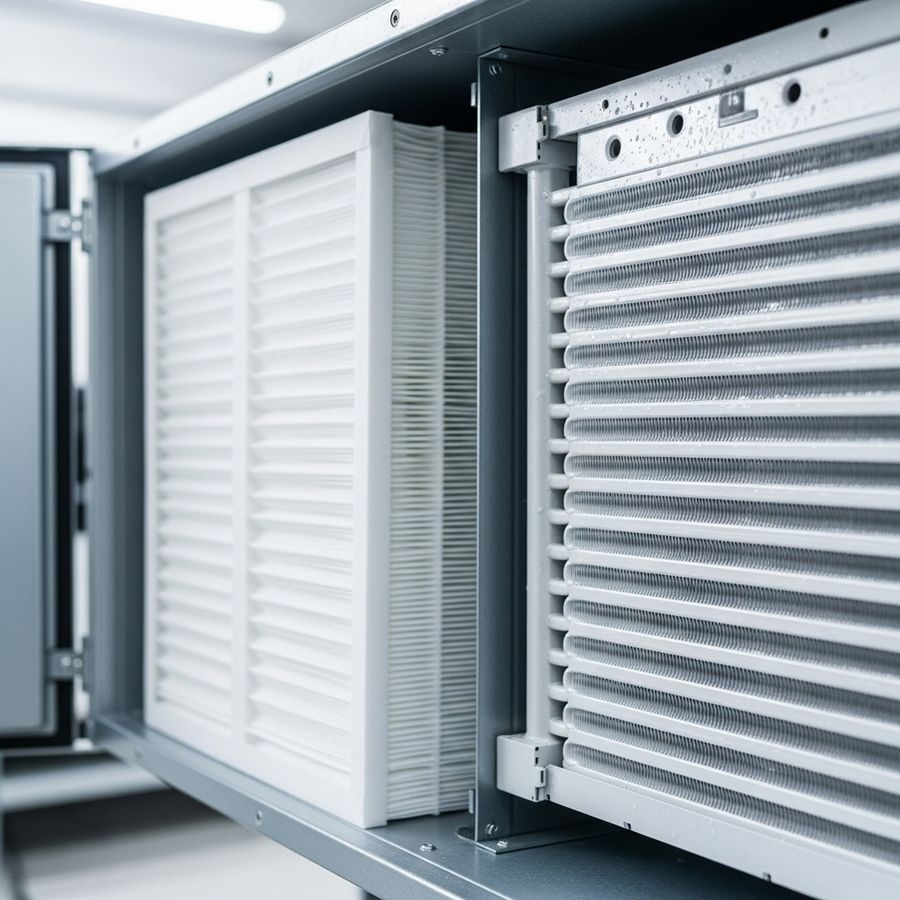 Close-up of clean condenser coil fins on an air conditioning unit