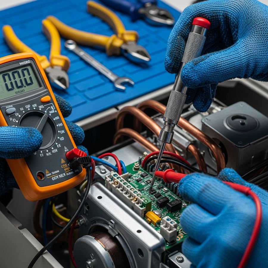 Technician testing an HVAC control board with a multimeter